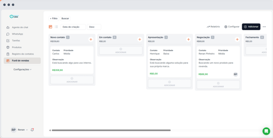 Funil de vendas Kanban do Conecta CRM